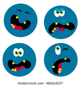 Emotional monster smiles - surprised, joyful, angry and grimace collection. Vector