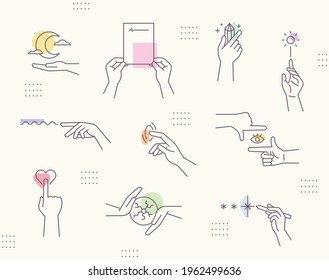 Emotional mood hand gestures. Line drawing icons and soft colors. Simple pattern design template.