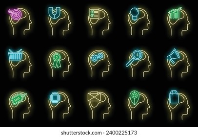 Emotional neuromarketing icons set. Outline set of emotional neuromarketing vector icons neon color on black