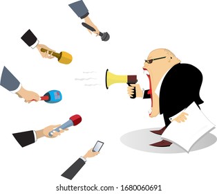 Emotional newsperson, megaphone and hands with microphones illustration. Politician or businessman with megaphone gives information to reporters isolated on white
