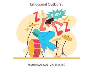 Emotional outburst as a positive effect of playing drums. Female character' creative hobby. Drummer practising or performing music, playing musical instrument. Flat vector illustration