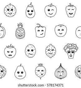 Emotional outline vegetables and fruit seamless pattern on white background. Positive and negative food wallpaper, coloring page.