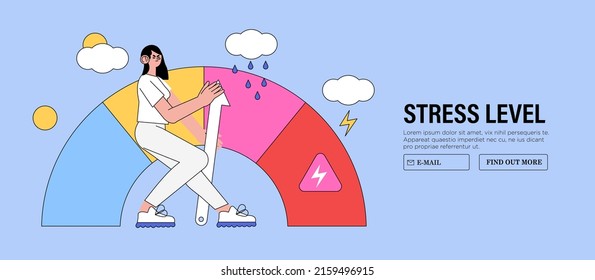 Emotional overload and burnout concept. Female cartoon character trying to push stress level to reducing figures. Woman feel tired and exhausted with work or family problems vector illustration.