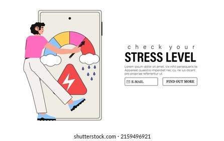 Emotional overload and burnout concept. Female cartoon character trying to push stress level to reducing figures. Woman feel tired and exhausted with work or family problems vector illustration.