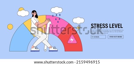 Emotional overload and burnout concept. Female cartoon character trying to push stress level to reducing figures. Woman feel tired and exhausted with work or family problems vector illustration.