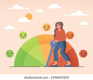 Konzept der emotionalen Überlastung. Junge Mädchen in der Nähe von Graphen mit unterschiedlichen Stimmungen. Psychologie und psychische Gesundheit, Umgang mit Stress, Druck und Panik. Gefühle und Gefühle. Cartoon-Flavektor-Vektorgrafik