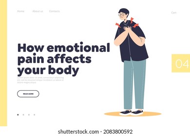 Emotional pain affect on body concept of landing page with man suffer from chest ache. Young male with heart attack symptom. Medicine, health and healthcare. Cartoon flat vector illustration