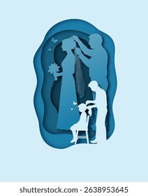 Emotional paper cut silhouette showing a father grooming his daughter, reflected in her future wedding moment. A tribute to fatherly love.
