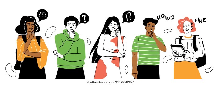 Emotional people set. Collection of pensive students, creative personalities and mental dead end. Brainstorm, friends having question. Cartoon flat vector illustrations isolated on white background