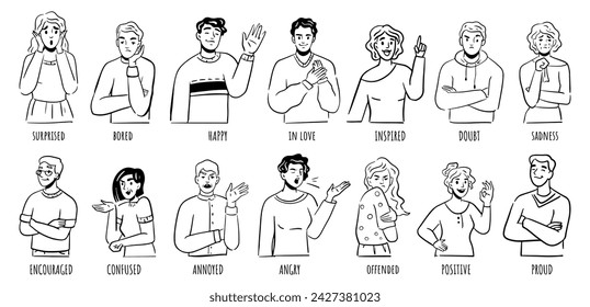 Emotional people showing emotion and expressions. Vector flat cartoon, isolated men and women with surprised face, happy or annoyed, positive or proud, confused or encouraged, in love or inspired