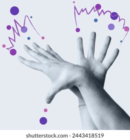 Emotional position of hands and fingers. The idea of magic, tricks, miracles with drawn circles. The magic of hands and gestures. Vector illustration, collage.