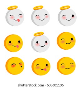 Emotional positive cute faces, angel smiles set. Vector illustration smile icon. Face emoji yellow icon. Happy feelings, expression message, sms.