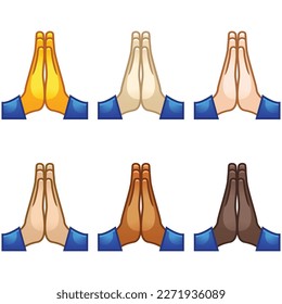 Emotional pray high five emoji hand set of various skin tones cute cartoon stylized vector cartoon illustration icons. Isolated on white background.