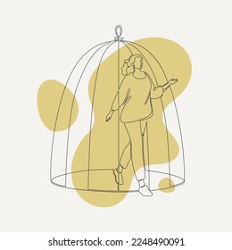 Emotional problem, psychology and abuse treatment concept. Vector one line art illustration. Woman get out from cage by continous line on color splash background.