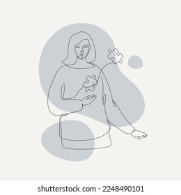 Emotional problem, psychology and business education concept. Vector one line art illustration. Woman with jigsaw puzzle in heart by continous line on color splash background.