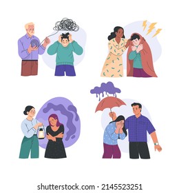 Emotional and psychological support concepts.Vector abstract illustration in modern flat cartoon style of people in depressed states (depression, grief, stress) and people giving support to them. 