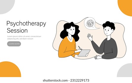 Emotional and psychological support. Landing page template. Man is talking to a psychologist. Vector illustration.