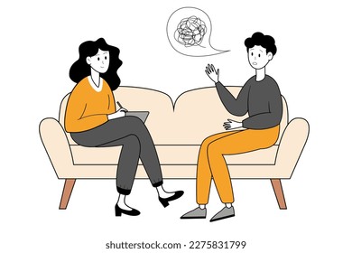 Apoyo emocional y psicológico. Hombre hablando con un psicólogo sentado en el sofá. Ilustración vectorial.