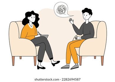 Emotional and psychological support. Man talking to psychologist. Vector illustration.