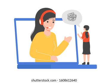 Emotional And Psychological Support. Occupational Therapists And Psychologists  Provide Emotional And Psychological Support Talking And Listening Woman Online. Flat Vector Cartoon Illustration Concept