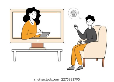 Emotional and psychological support online. Man talking to psychologist on the screen. Vector illustration.