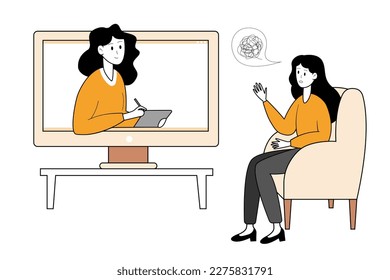 Emotional and psychological support online. Woman talking to psychologist on the screen. Vector illustration.