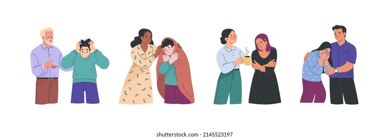 Emotional and psychological support.Vector illustration in modern flat cartoon style of people in depressed states (depression, grief, stress) and people giving support to them. Isolated on white