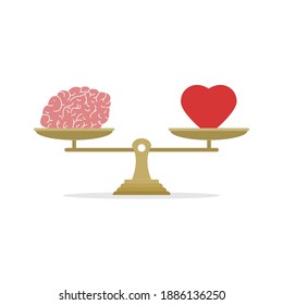 Emotional Quotient and Intelligence. Heart and Brain on the libra. Conflict between emotions and rational thinking. Balance between soul and intellect. Vector illustration.