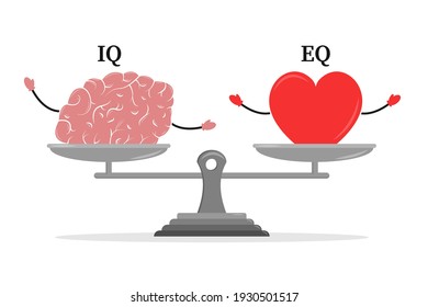 Emotional Quotient and Intelligence. Heart and Brain on the libra. Balance between soul and intellect. Vector illustration.