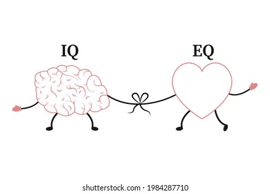 Emotional Quotient and Intelligence. Heart and Brain concept.  Conflict between emotions and rational thinking. Vector illustration isolated on white background.