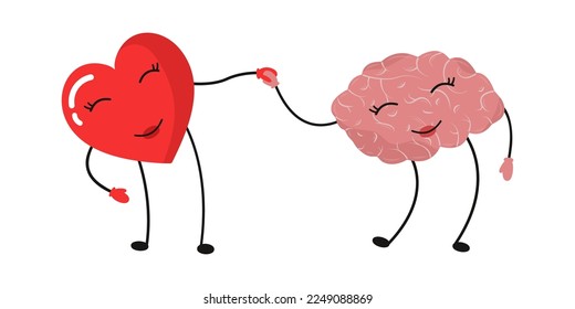 Emotional Quotient and Intelligence. Heart and Brain concept.  Conflict between emotions and rational thinking. Balance between soul and intellect. Vector illustration.