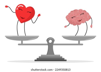 Emotional Quotient and Intelligence. Heart and Brain concept.  Conflict between emotions and rational thinking. Vector illustration.