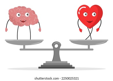 Emotional Quotient and Intelligence. Heart and Brain concept.  Conflict between emotions and rational thinking. Vector illustration.