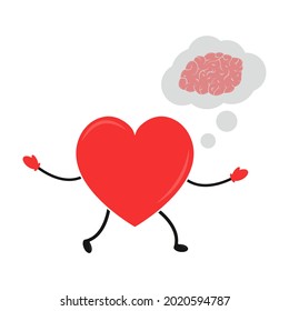 Emotional Quotient and Intelligence. Heart in cartoon style. Conflict between emotions and rational thinking. Heart and Brain concept. Vector illustration.