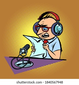 Emotional Radio Podcaster Male Sports Commentator. Comic Cartoon Vintage Retro Style