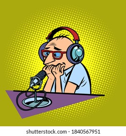 Emotional Radio Podcaster Male Sports Commentator. Comic Cartoon Vintage Retro Style