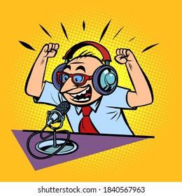 Emotional Radio Podcaster Male Sports Commentator. Comic Cartoon Vintage Retro Style