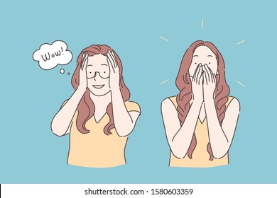 Emotional reaction, amazement expression, wonderstruck concept. Young woman in glasses looking surprised, astonished girl saying wow, beautiful overwhelmed lady. Simple flat vector