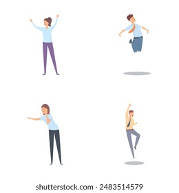 Emotional reaction icons set cartoon vector. Joyful young man and woman. Cartoon character