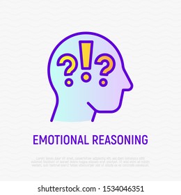 Emotional reasoning thin line icon. Question mark and exclamation mark in human head. Confrontation, emotional reasoning. Modern vector illustration.