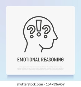 Emotional reasoning thin line icon. Question mark and exclamation mark in human head. Confrontation, emotional reasoning. Modern vector illustration.
