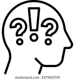 Icono de línea delgada de razonamiento emocional. Marca de interrogación y signo de exclamación en la cabeza humana. Enfrentamiento. Ilustración vectorial moderna.