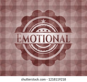 Emotional red emblem or badge with abstract geometric pattern background. Seamless.