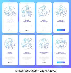 Emotional regulation blue gradient onboarding mobile app screen set. Walkthrough 4 steps graphic instructions with linear concepts. UI, UX, GUI template. Myriad Pro-Bold, Regular fonts used