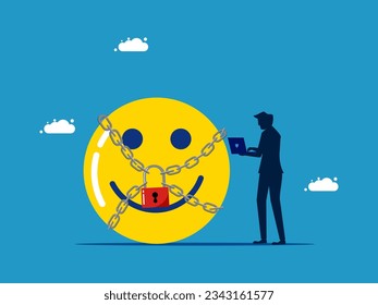 Emotional regulation. Businessman standing with optimistic icon locked with padlock 