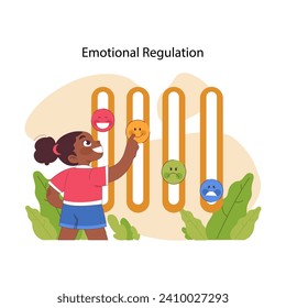 Concepto de regulación emocional. Un niño alegre ajusta los deslizadores de humor, seleccionando de las emociones felices a las tristes. Bienestar mental equilibrado. Ilustración vectorial plana