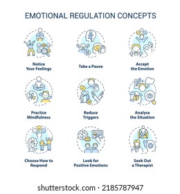 Juego de iconos de concepto de regulación emocional. Capacidades prácticas. Controlar y gestionar sensaciones de las ilustraciones de color de línea delgada. Símbolos aislados. Trazo editable. Fuentes Roboto-Medium, Myriad Pro-Bold utilizadas