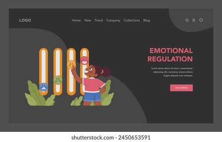 Emotional regulation dark or night mode web, landing. Cheerful child adjusts mood sliders, selecting from happy to sad emotions. Balanced mental well-being. Flat vector illustration