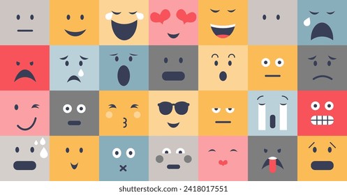 Emotional regulation examples with various facial expression collection. Different feelings and moods with psychological mindsets. Happy, sad, angry and excited faces in colorful collection.