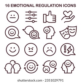 Emotional regulation icons set. Emotion balance and resilience skill. EQ development. Deep understanding of emotions and empathy. Self-regulation and awareness. Flat vector illustration